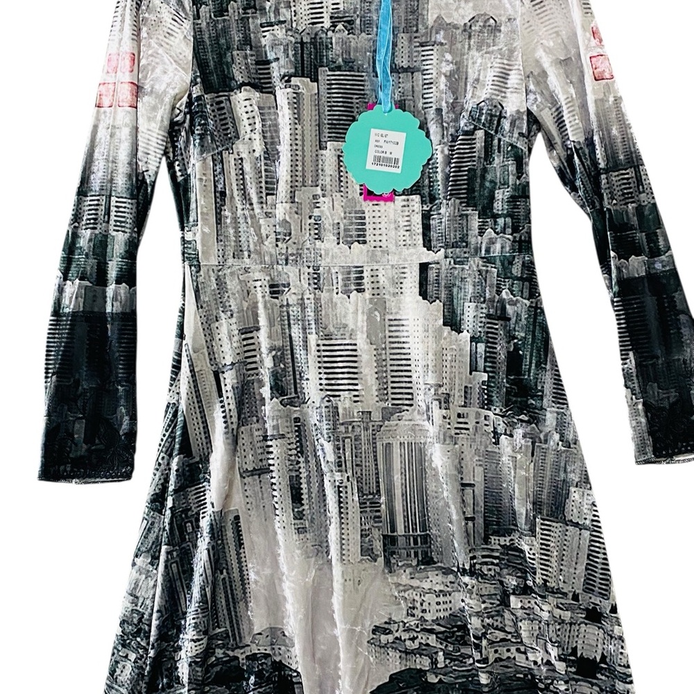 NWT Velvet Monochrome Cityscape Skyline Dress Culito Made in Spain Multi Size